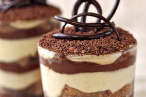 Photo of Chocolate Tiramisu with text overlay for Pinterest