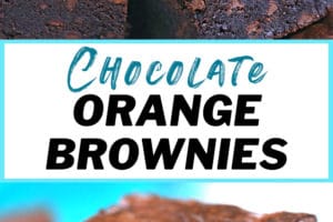 Photo collage of plated chocolate orange brownies,