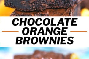 Photo collage of plated chocolate orange brownies.