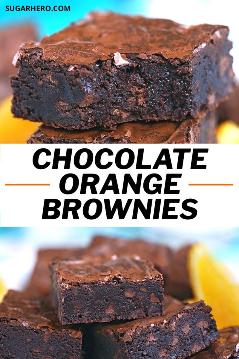 Photo collage of plated chocolate orange brownies.