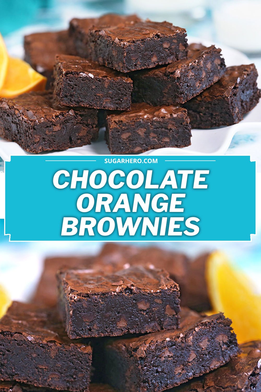 Pile of six chocolate orange brownies on a white plate.