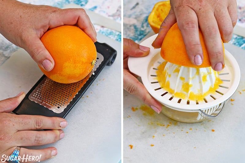 Photo collage showing how to zest a lemon and how to juice lemon.