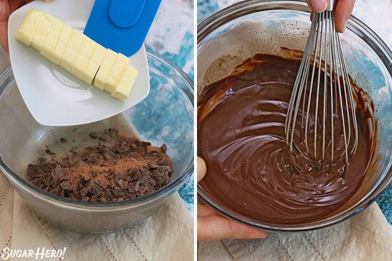 Photo collage showing adding butter to chocolate shavings and whisking the mixture.