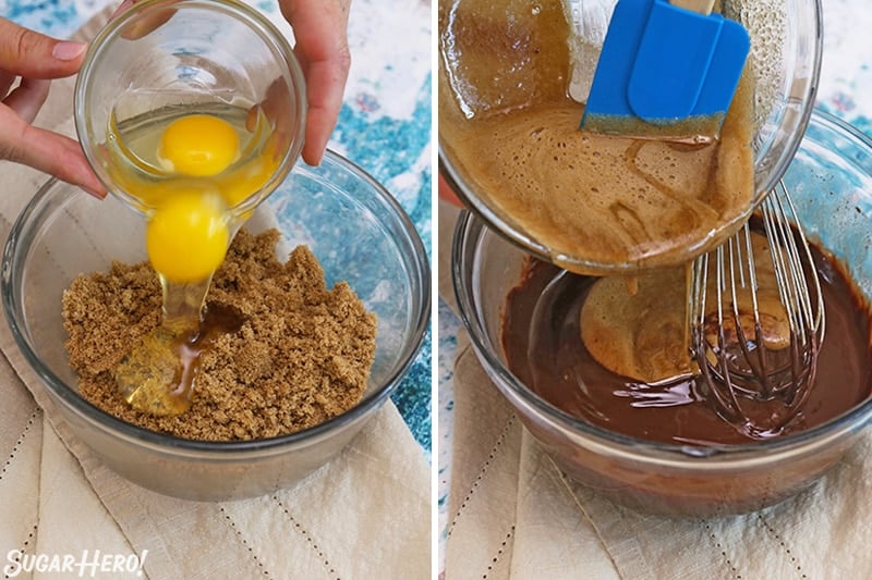 Photo collage adding two eggs to a bowl of brown sugar and then pouring the sugar and egg mixture to the chocolate butter mixture.