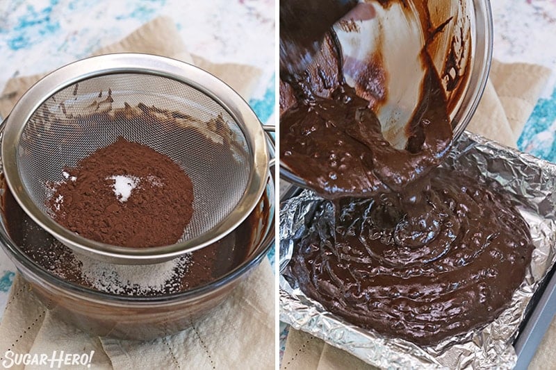 Photo collage showing sifting and pouring chocolate orange brownie batter.