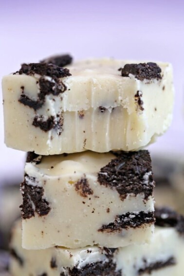 Close-up of Oreo Fudge with a bite taken out of it.