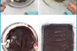 Six photo collage showing how to make Microwave Fudge.