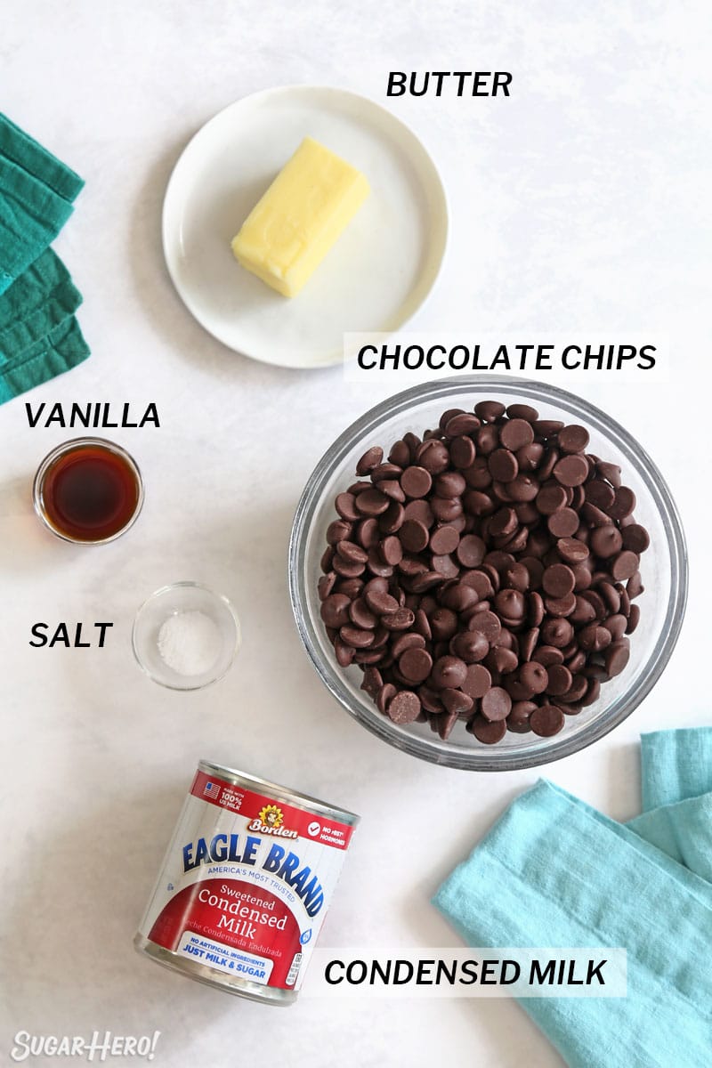 Overhead picture of ingredients needed for Easy Microwave Fudge.