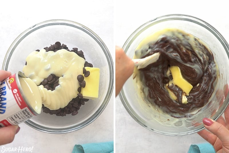 Two-photo collage showing assembling and stirring chocolate fudge.