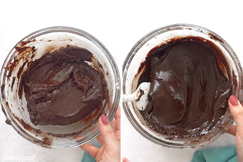 Two-photo collage showing the texture of chocolate fudge during mixing.