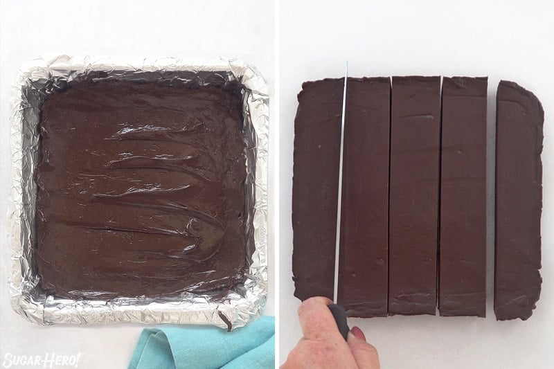 Two-photo collage showing chocolate fudge being spread in a pan and sliced.