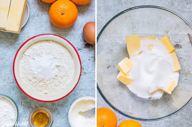 Two photo collage showing mixing and measuring the ingredients for orange bundt cake.