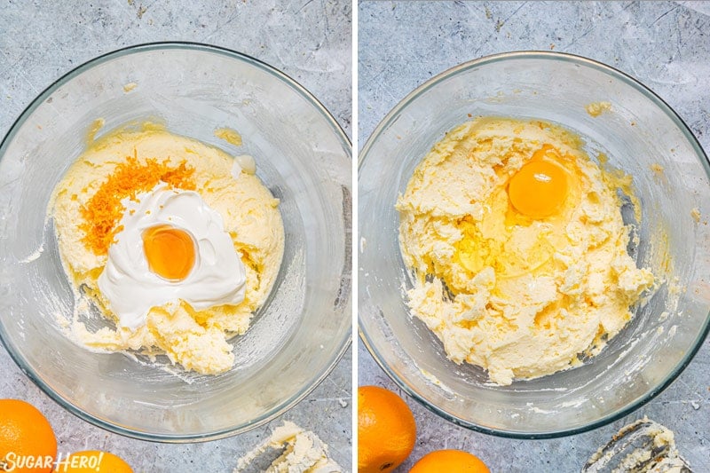 Two photo collage showing how to make orange cake batter.