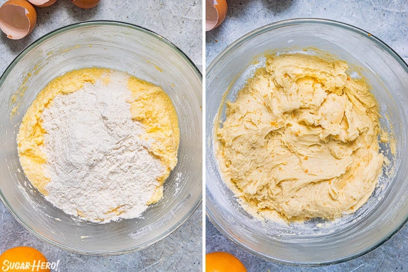 Two photo collage showing making the batter for orange bundt cake.