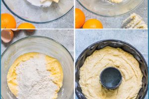 Six photo collage showing the steps for making an Orange Bundt Cake.