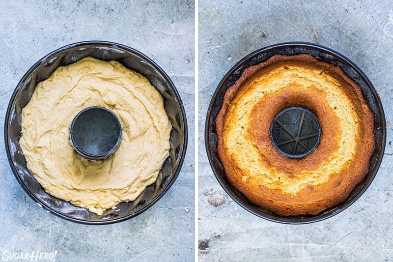 Two photo collage showing the baking of an orange bundt cake.