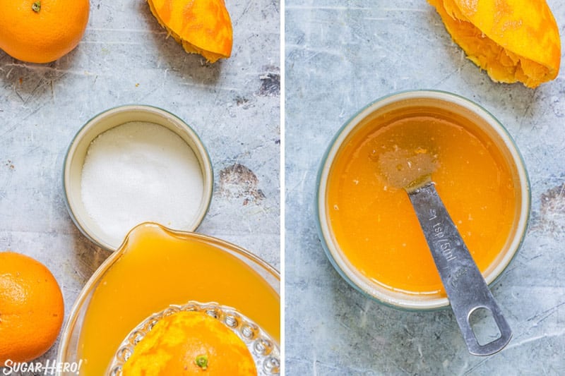 Two photo collage showing how to make orange soaking syrup.