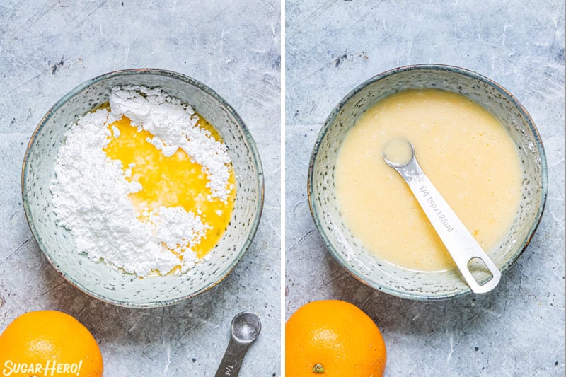 Two photo collage showing how to make orange glaze.