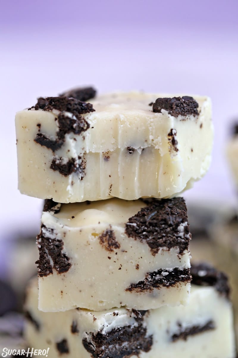 Close-up of Oreo Fudge with a bite taken out of it.