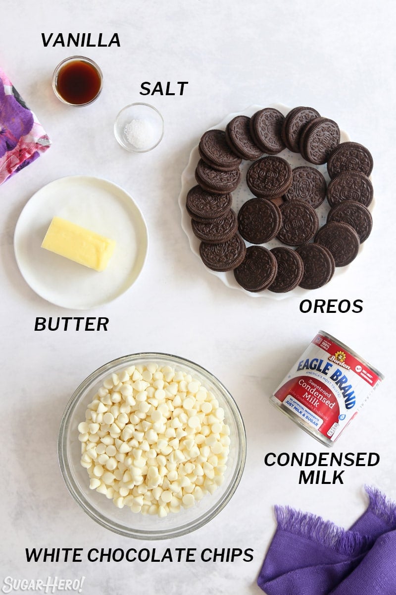 Overhead shot of ingredients needed for Oreo fudge