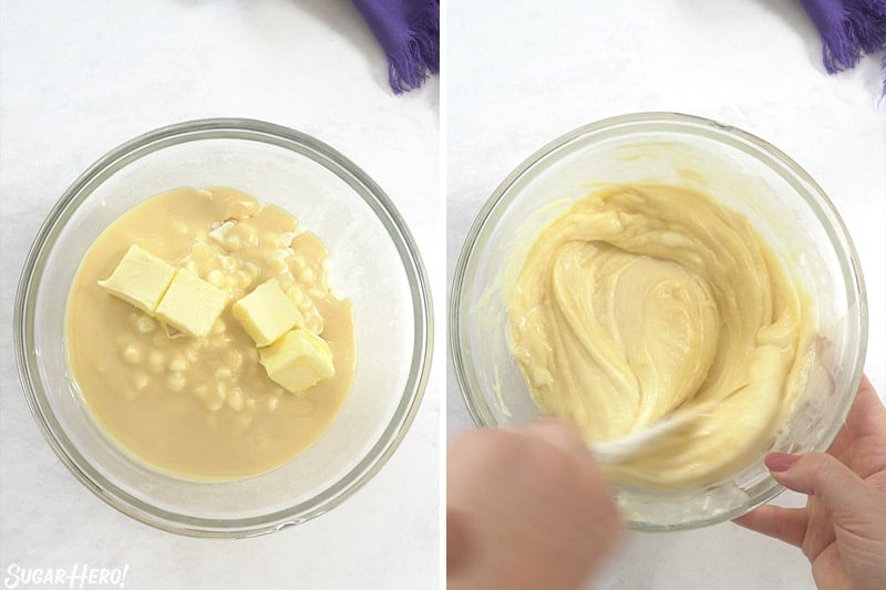 Two photo collage showing making the white chocolate fudge base.