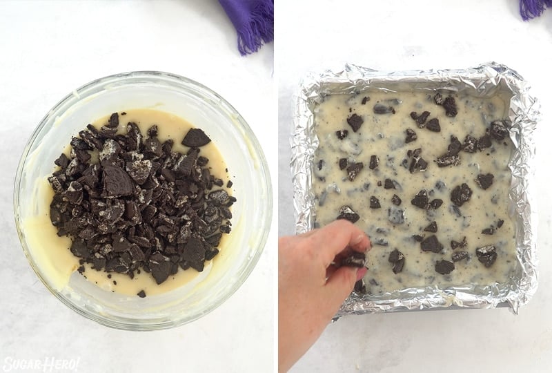 Two photo collage showing adding Oreo cookies and pressing fudge into the pan.