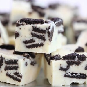 Close-up of 3 pieces of Oreo Fudge.