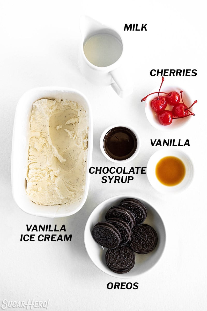 Overhead shot of ingredients for Oreo Milkshakes.