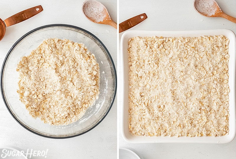 Two photo collage showing how to make the oat topping for Strawberry Crisp.