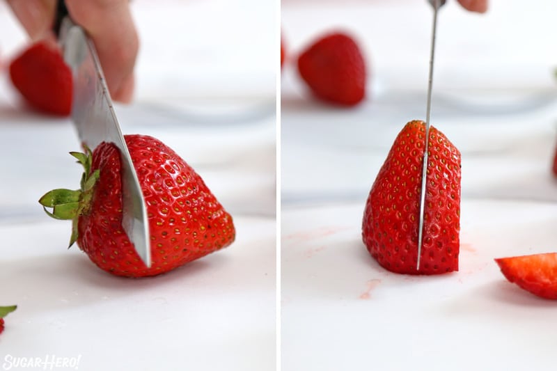 Two photo collage showing how to slice strawberries for sauce.