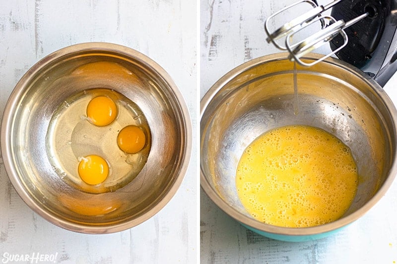 Two-photo collage showing how to beat eggs for pumpkin bread.