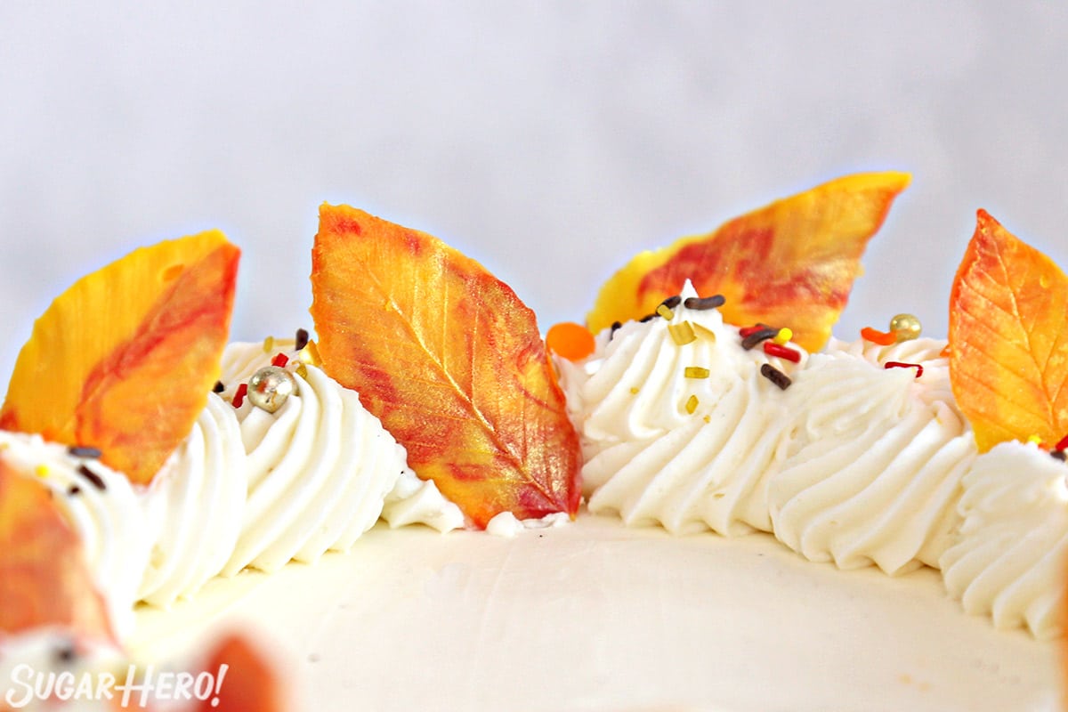 Close-up of yellow and red chocolate leaves in a buttercream cake border.