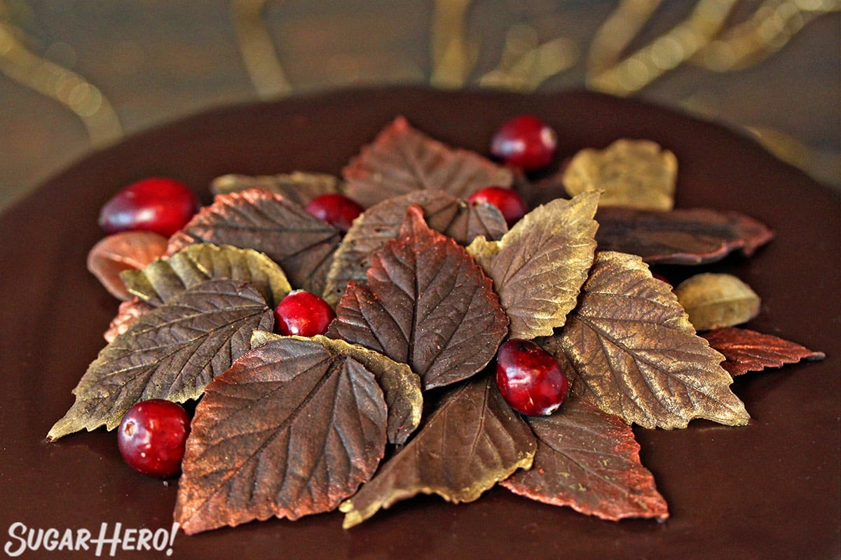 Chocolate leaves brushed with luster dust around the edges, arranged on a chocolate cake.