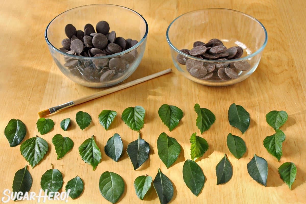 Supplies needed for chocolate leaves: chocolate in glass bowls and green leaves laid out on a wooden table.