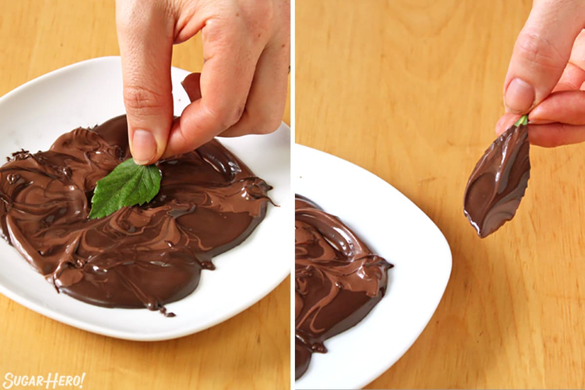 Dragging a leaf through swirled chocolate and pulling it out of the chocolate.