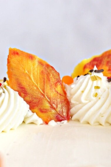 Close-up of yellow and red chocolate leaves in a buttercream cake border.