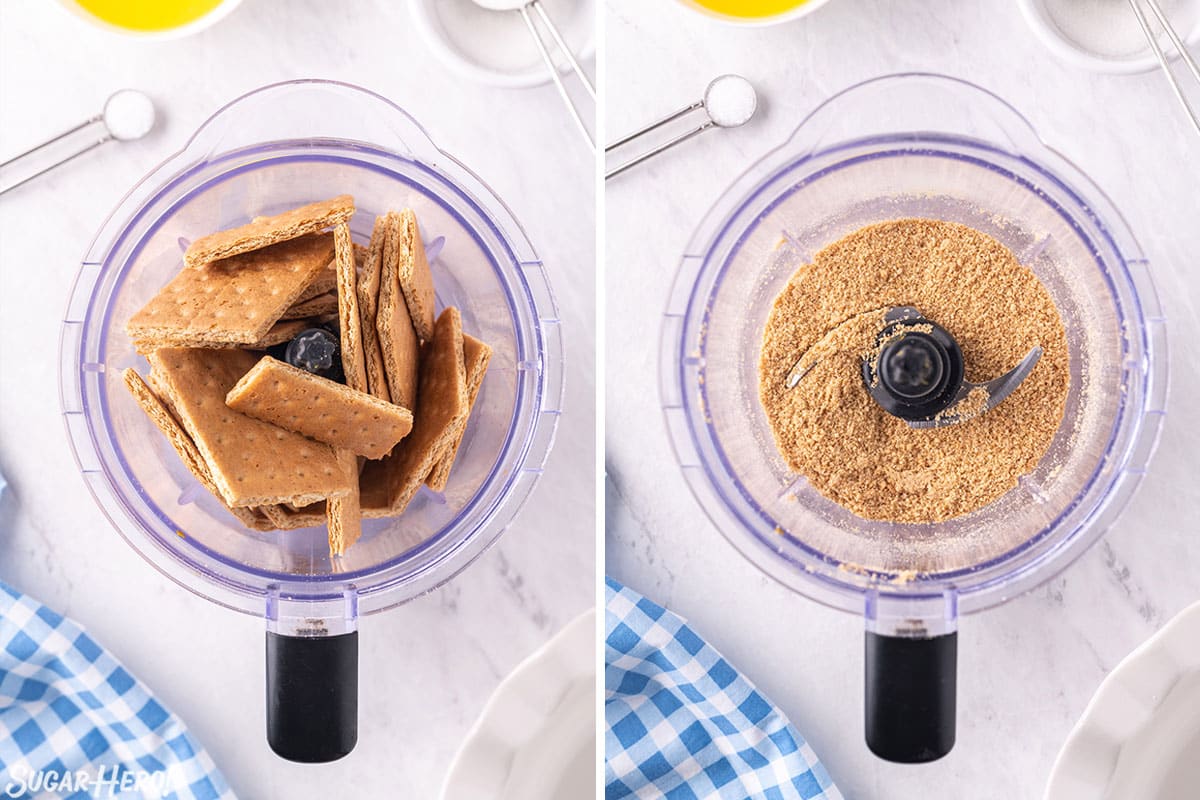 Photo collage of graham crackers in in a blender before and after blending.