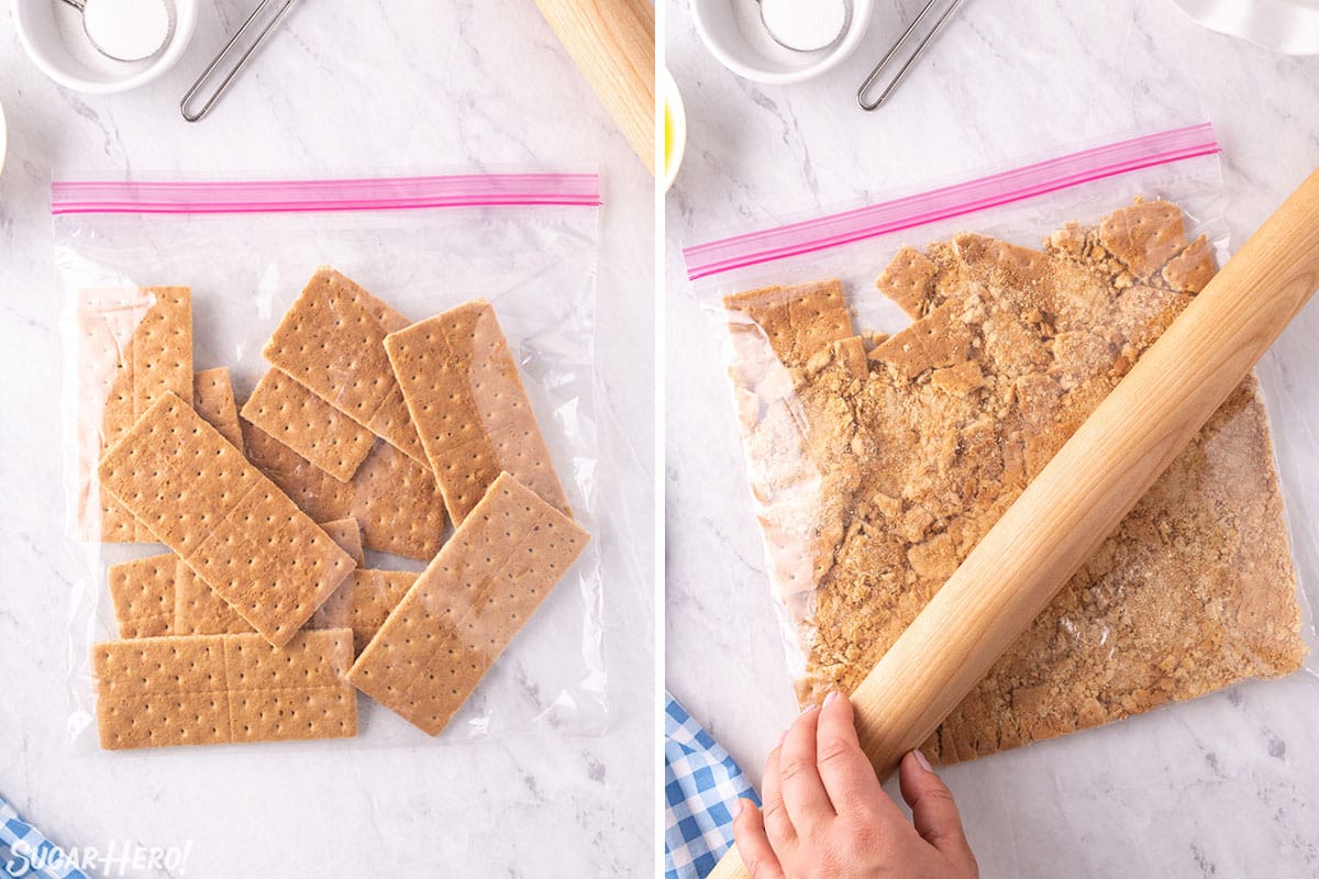 Photo collage of graham crackers in a ziploc bag and crushing them with a rolling pin.