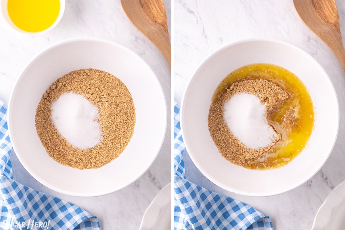 Photo collage of graham cracker mixture in a bowl with sugar and egg added to the mixture.