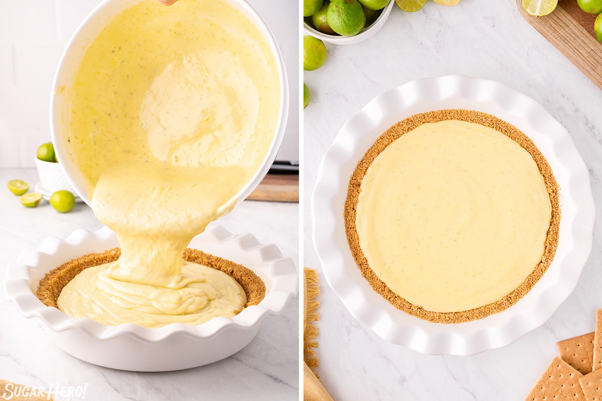 Two photo collage showing pouring the Key Lime Pie filling into the graham cracker crust.