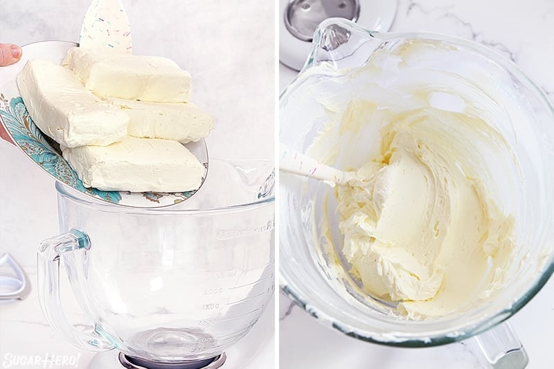 Two-photo collage showing how to beat the cream cheese for New York Style Cheesecake.