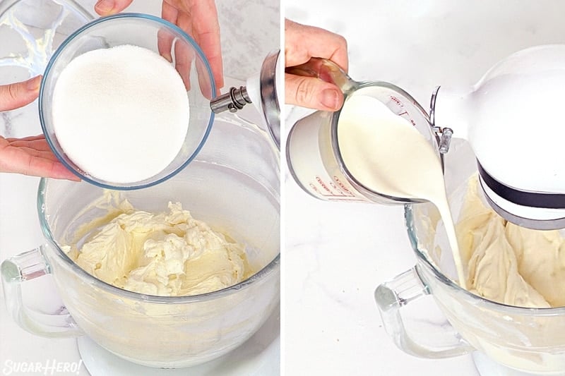 Two-photo collage showing how to prepare the batter for New York Style Cheesecake.