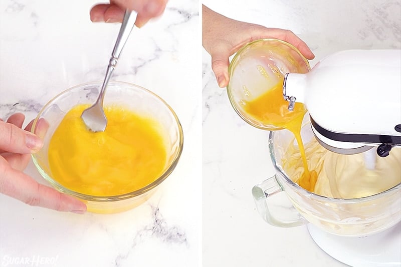 Two-photo collage showing how to mix in the eggs to make cheesecake batter.
