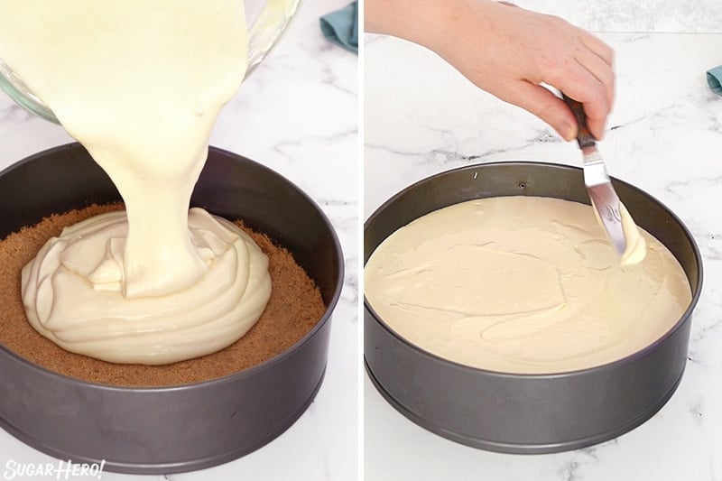 Two-photo collage showing pouring cheesecake batter into a graham crust and baking it.