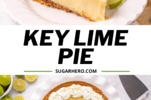 Pinterest collage showing a slice of key lime pie and a whole key lime pie below it.