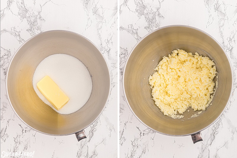 Two photo collage showing butter added to the sugar and then mixed.