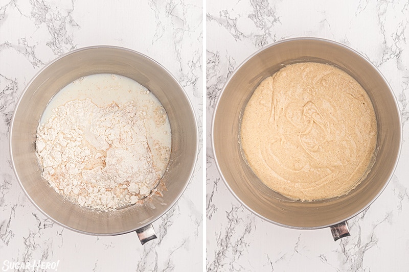 Two photo collage of pumpkin spice mixture, the first with flour added, the second mixed.