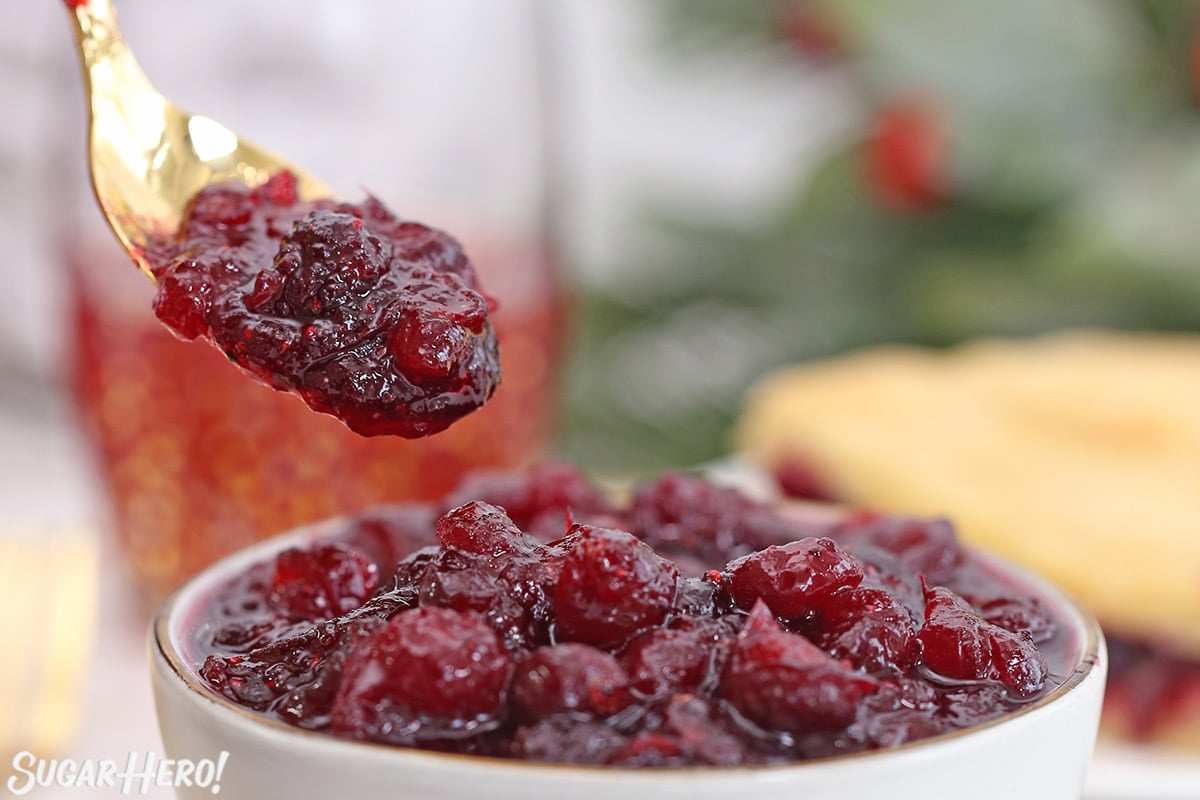 Close up of cranberry sauce in a white bowl with a gold spoonful of sauce hovering over bowl.