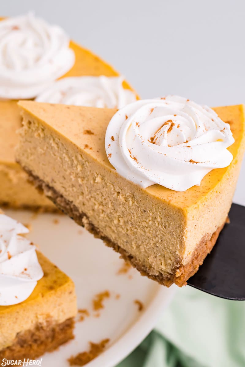 Slice of pumpkin spice cheesecake topped with a rosette of whipped cream and cinnamon on a serving knife.