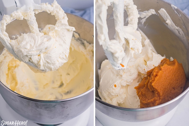 Collage showing cream cheese mixture in stand mixer next to picture showing cream cheese and pumpkin puree in stand mixer.